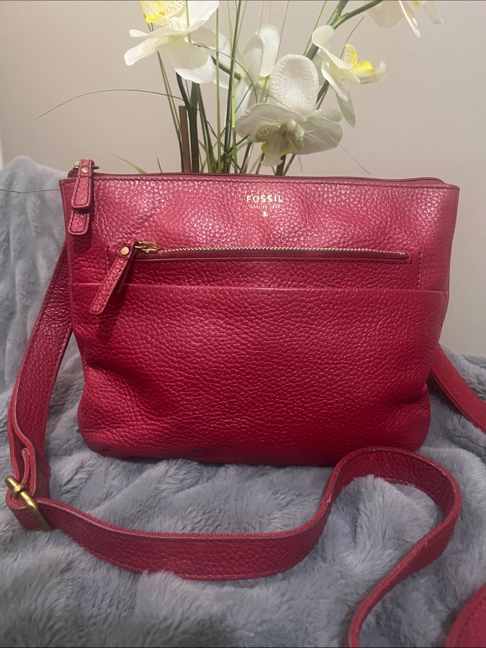 Fossil Red Pebbled Leather Crossbody Bag EUC RETAIL $179